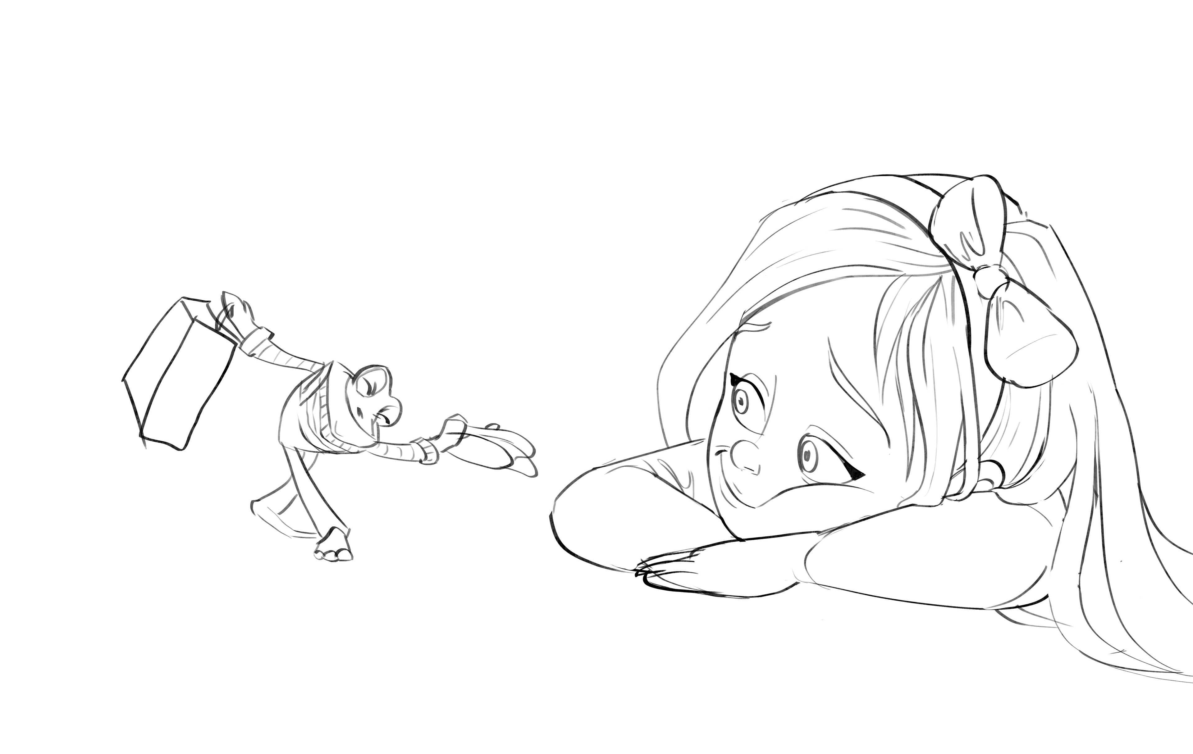 Line art of Tog bowing to Lilly